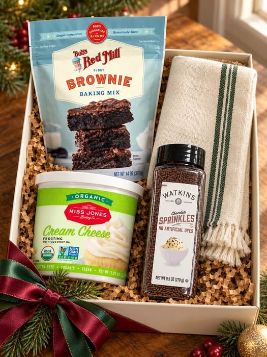 Brownie Baking Gift Kit gift box — striped linen tea towel, Bob's Red Mill Fudgy Brownie Baking Mix, Miss Jones Baking Co. Organic Cream Cheese Frosting, Watkins Chocolate Sprinkles