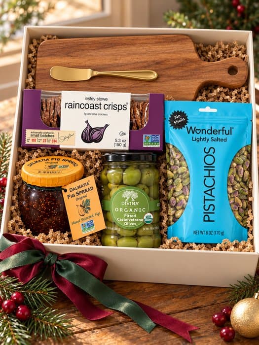 Charcuterie Board Gift Box — acacia wood serving board, gold cheese spreader, Lesley Stowe Raincoast Crisps Fig & Olive, Dalmatia Original Fig Spread, Divina Organic Pitted Castelvetrano Olives, Wonderful Pistachios No Shells Lightly Salted