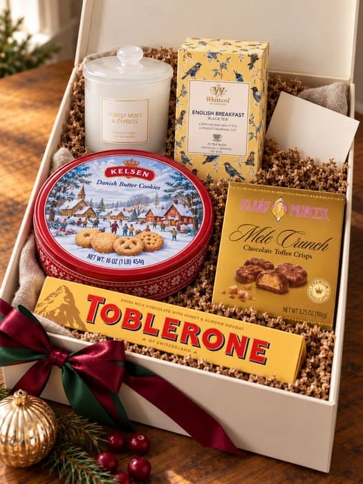 Cookie Tin & Candle Gift Box — glass jar candle with a glass lid, Kelsen Danish Butter Cookies tin, Whittard English Breakfast tea, Island Princess Mele Crunch and a Toblerone bar