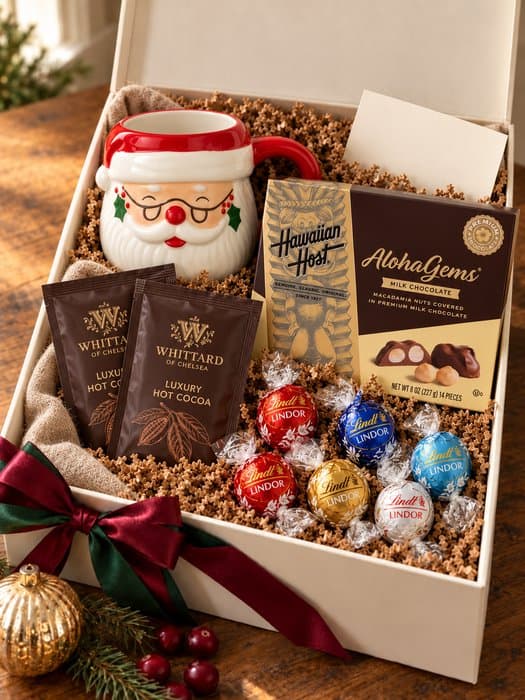 Cozy Cocoa Mug Gift Box — ceramic Santa character mug, two Whittard Luxury Hot Cocoa sachets, Lindt Lindor truffles and a Hawaiian Host AlohaGems box