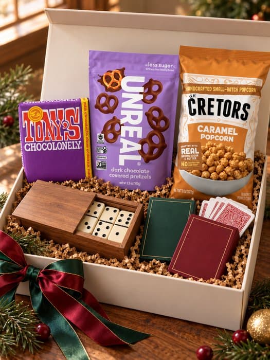 Game Night Gift Box — wooden domino set, two decks of playing cards, Tony's Chocolonely Milk Chocolate Chip Cookie Bar, Unreal Dark Chocolate Covered Pretzels, G.H. Cretors Caramel Popcorn