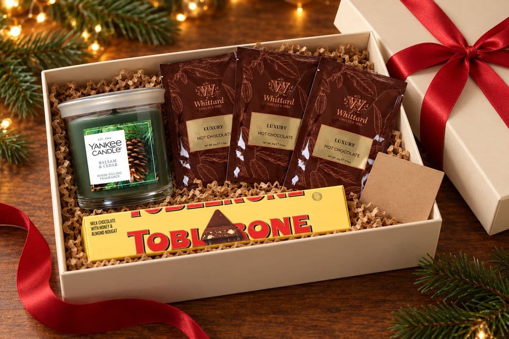 Cozy Night In gift box — a Yankee Candle small tumbler, three Whittard Luxury Hot Chocolate sachets and a Toblerone bar