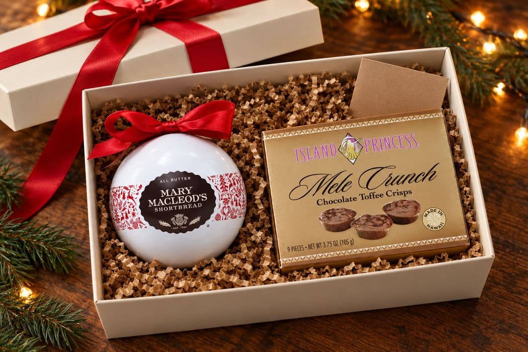 Holiday Keepsake gift box — a Mary Macleod's shortbread ornament tin and a box of Island Princess Mele Crunch chocolate toffee crisps