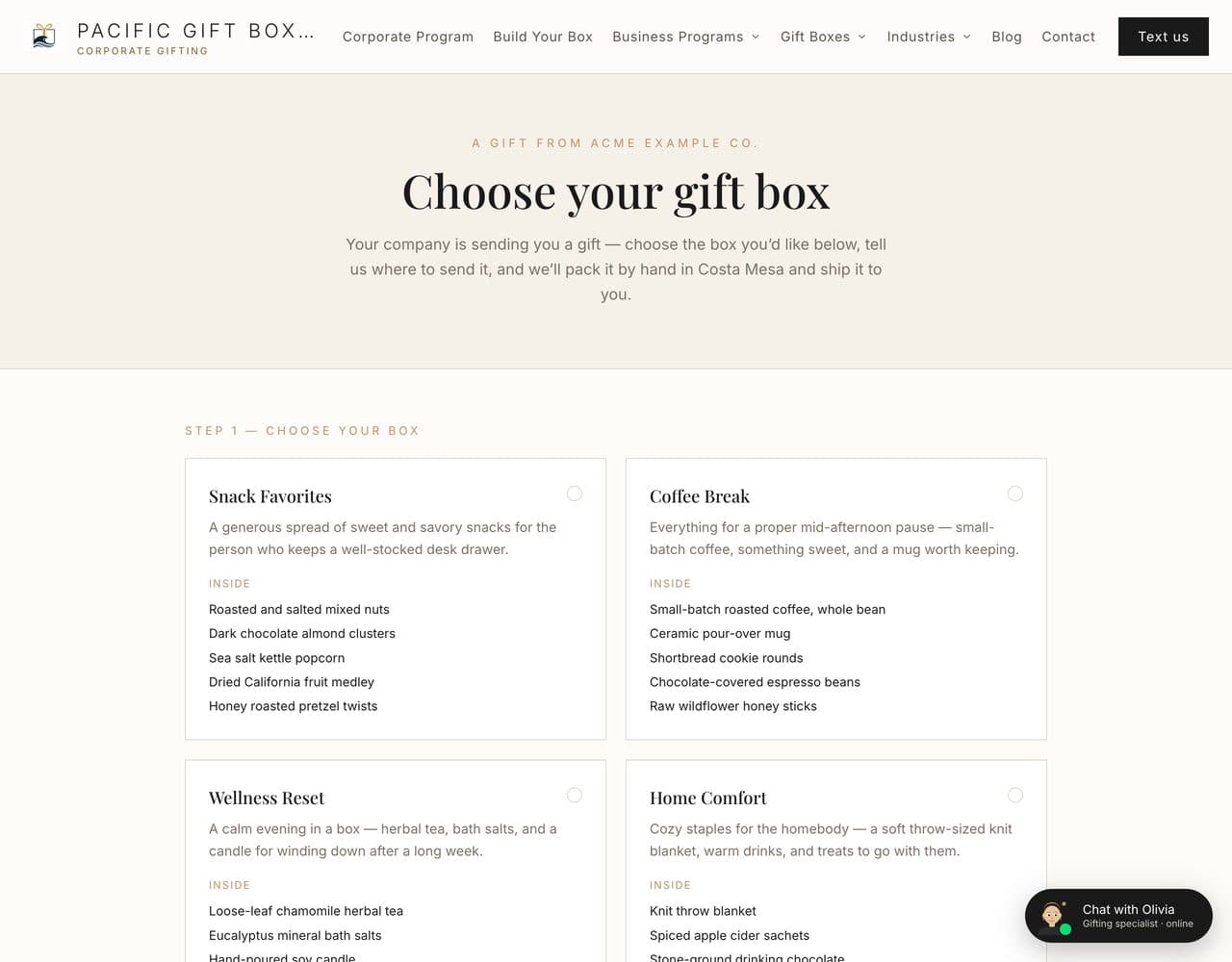 The employee gift-choice page — an employee picks their box and enters their delivery address