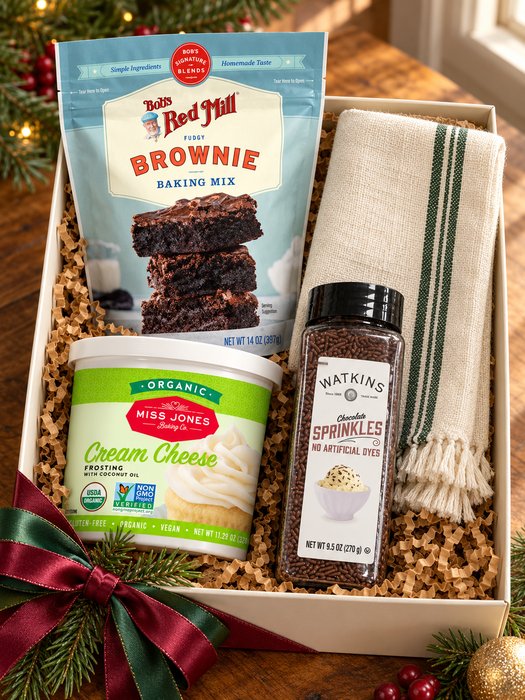 Brownie Baking Gift Kit gift box — striped linen tea towel, Bob's Red Mill Fudgy Brownie Baking Mix, Miss Jones Baking Co. Organic Cream Cheese Frosting, Watkins Chocolate Sprinkles