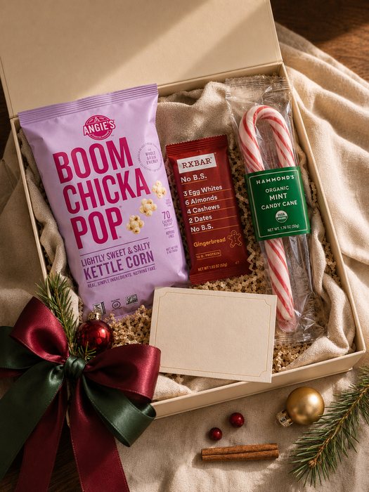 Holiday Cheer Mini gift box — lightly sweet popcorn, a gingerbread bar and an organic mint candy cane