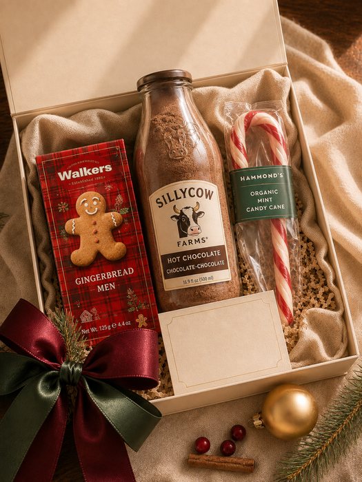 Cocoa & Gingerbread gift box — a full-size hot chocolate mix, gingerbread shortbread and an organic mint candy cane