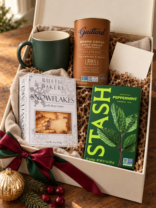Cocoa & Mug gift box — stoneware mug, Guittard Grand Cacao Drinking Chocolate, Rustic Bakery Snowflakes Vanilla Butter Cookies, Stash Peppermint Herbal Tea