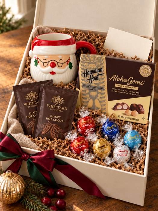Cozy Cocoa Mug Gift Box — ceramic Santa character mug, two Whittard Luxury Hot Cocoa sachets, Lindt Lindor truffles and a Hawaiian Host AlohaGems box