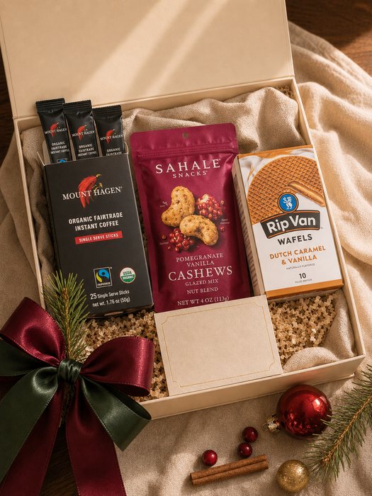 Cozy Coffee Break gift box — Mount Hagen instant coffee sticks, a pomegranate vanilla nut mix and a Dutch caramel wafel