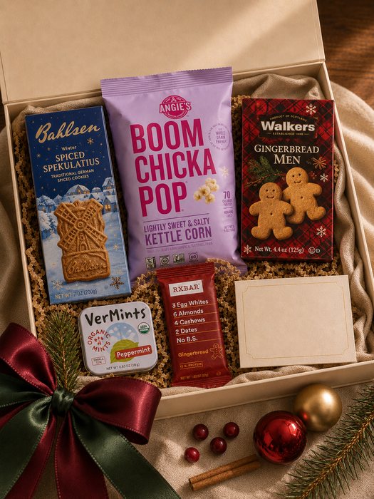Festive Treat Box — spiced speculaas cookies, gingerbread shortbread, lightly sweet popcorn, organic peppermint candy and a gingerbread bar