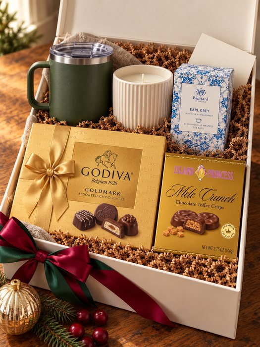 Fine Chocolate & Candle Gift Box — Godiva Goldmark assorted chocolate box, insulated coffee mug, soy candle in a ribbed ceramic vessel, Whittard Earl Grey tea and Island Princess Mele Crunch
