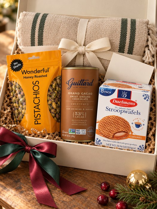 Fireside Throw gift box — cotton throw blanket, Guittard Grand Cacao Drinking Chocolate, Daelmans Caramel Stroopwafels, Wonderful Pistachios No Shells Honey Roasted Pistachios