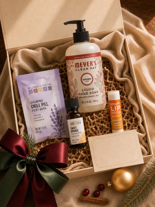 Holiday Home Reset gift box — peppermint liquid hand soap, a calming bath fizzy, sweet orange essential oil and a lip balm
