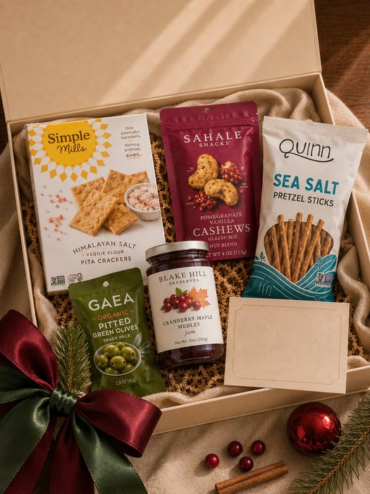 Holiday Host Pantry gift box — cranberry medley jam, Himalayan salt pita crackers, organic green olives, a nut mix and sea salt pretzels