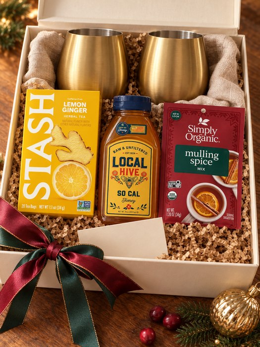 Hot Toddy for Two gift box — pair of stemless tumblers, Stash Lemon Ginger Herbal Tea, Local Hive Raw & Unfiltered Southern California Honey, Simply Organic Mulling Spice Mix