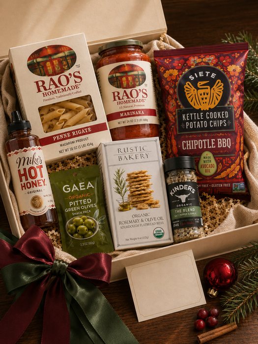 Holiday Italian Night gift box — Rao's penne and marinara, Mike's Hot Honey, organic green olives, rosemary flatbread bites, an organic seasoning blend and chipotle BBQ chips