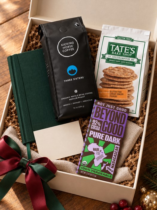 New Year Desk Reset gift box — linen-cover notebook, Kicking Horse Coffee Three Sisters, Organic Whole Bean Coffee, Medium Roast, Tate's Bake Shop Gluten Free Ginger Zinger Cookies, Beyond Good Pure Dark 92% Cocoa, Madagascar