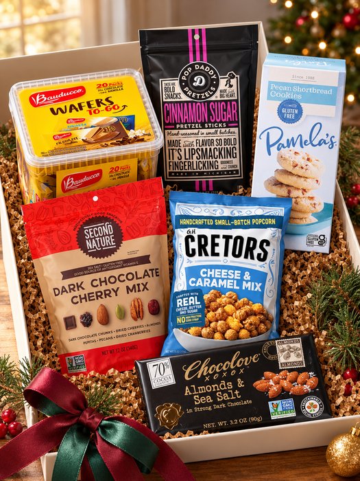 Office Holiday Snack Box — Bauducco Wafers To-Go tub, Pop Daddy Cinnamon Sugar Pretzel Sticks, Pamela's Pecan Shortbread Cookies, Second Nature Dark Chocolate Cherry Mix, G.H. Cretors Cheese & Caramel Mix Popcorn, Chocolove Almonds & Sea Salt dark chocolate bar