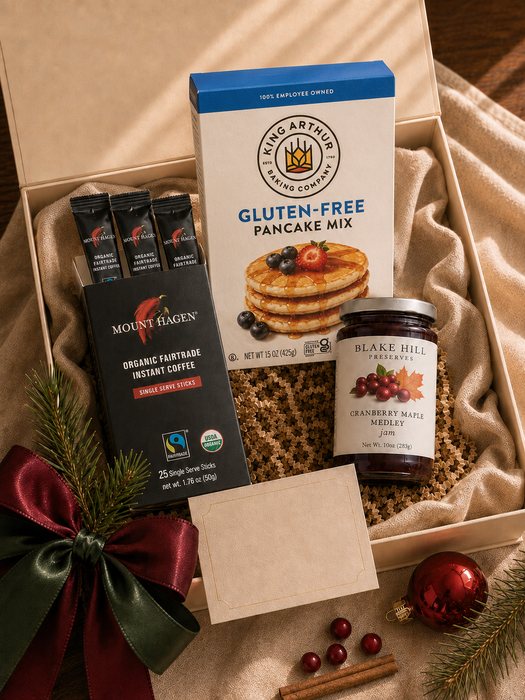 Sunday Morning gift box — Mount Hagen instant coffee sticks, King Arthur gluten-free pancake mix and Blake Hill cranberry medley jam