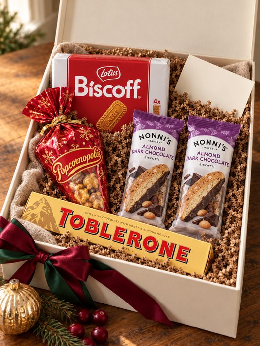 Sweet Thanks Gift Box — Lotus Biscoff cookies, a Toblerone milk chocolate bar, two Nonni's Almond Dark Chocolate Biscotti and a Popcornopolis holiday popcorn cone