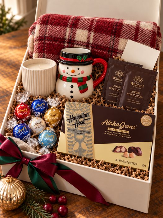 Warm Night In Gift Box — plush plaid throw, soy candle in a ribbed ceramic vessel, snowman character mug, Whittard Luxury Hot Cocoa sachets, Hawaiian Host AlohaGems and Lindt Lindor truffles