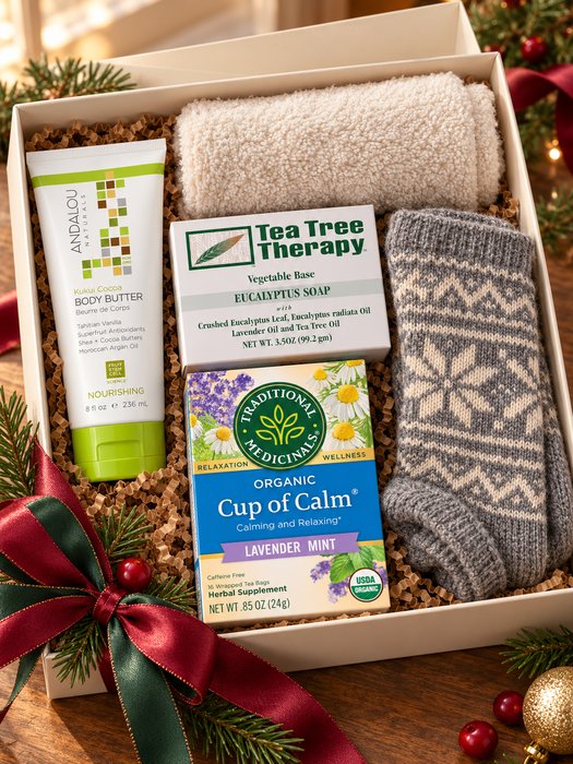 Winter Spa Gift Box — plush hand towel, Fair Isle knit socks, Andalou Naturals Kukui Cocoa Nourishing Body Butter, Tea Tree Therapy Eucalyptus Soap, Traditional Medicinals Organic Cup of Calm tea