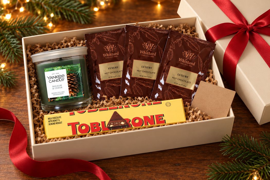 Cozy Night In gift box — a Yankee Candle small tumbler, three Whittard Luxury Hot Chocolate sachets and a Toblerone bar