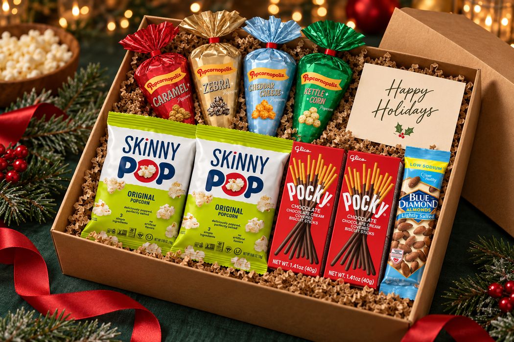 Popcorn Movie Night gift box — four Popcornopolis holiday popcorn cones, two SkinnyPop bags, two boxes of Pocky and Blue Diamond almonds