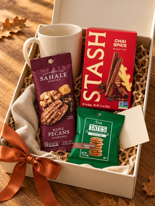 Chai & Cookie Mug gift box — stoneware mug, Stash Chai Spice Black Tea, Sahale Snacks Maple Pecans Glazed Mix, Tate's Bake Shop Tiny Tate's Chocolate Chip Cookies