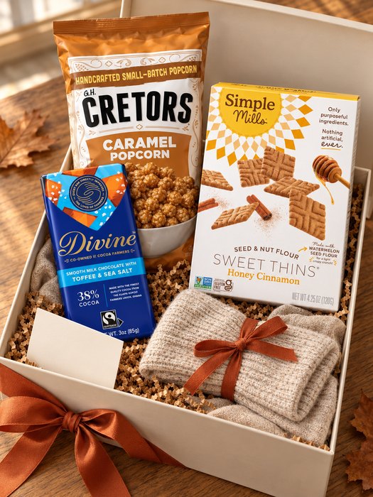 Cozy Fall Evening gift box — knit crew socks, G.H. Cretors Caramel Popcorn, Divine Smooth Milk Chocolate with Toffee & Sea Salt, Simple Mills Honey Cinnamon Sweet Thins