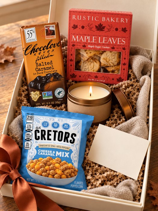 Gratitude Candle Box gift box — cedar & clove soy candle in an amber tin, Rustic Bakery Maple Leaves Maple Sugar Cookies, Chocolove Salted Caramel in Dark Chocolate, G.H. Cretors Cheese & Caramel Mix Popcorn