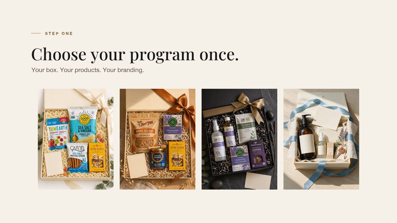 Opening frame of the program overview — “Choose your program once. Your box. Your products. Your branding.” — above four open gift boxes